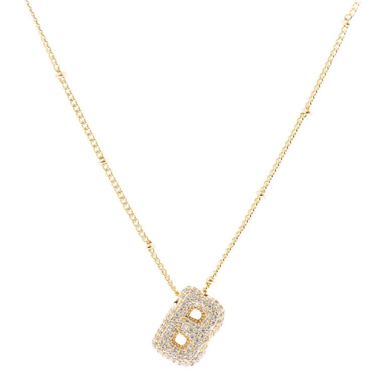 The Chloe Necklace is an 18K gold-plated necklace with a "B" pendant adorned with diamonds. Available sizes: adjustable chain length.
