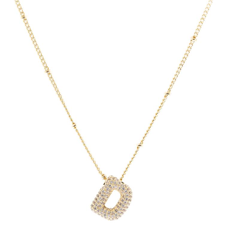 Chloe Necklace: 18K Gold Plated chain, "D"-shaped pendant with sparkling gems and decorative beads. Available in 16" and 18" lengths.