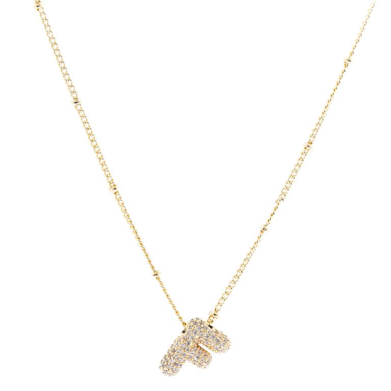 Chloe Necklace: 18K gold-plated with "F" diamond-studded pendant on a delicate chain. Available sizes: 16", 18".