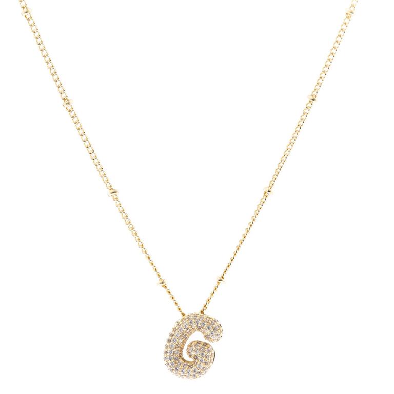 The Chloe Necklace is an 18K gold plated chain with small gold beads and a diamond-encrusted "G" pendant. Available in 16", 18", and 20" sizes.