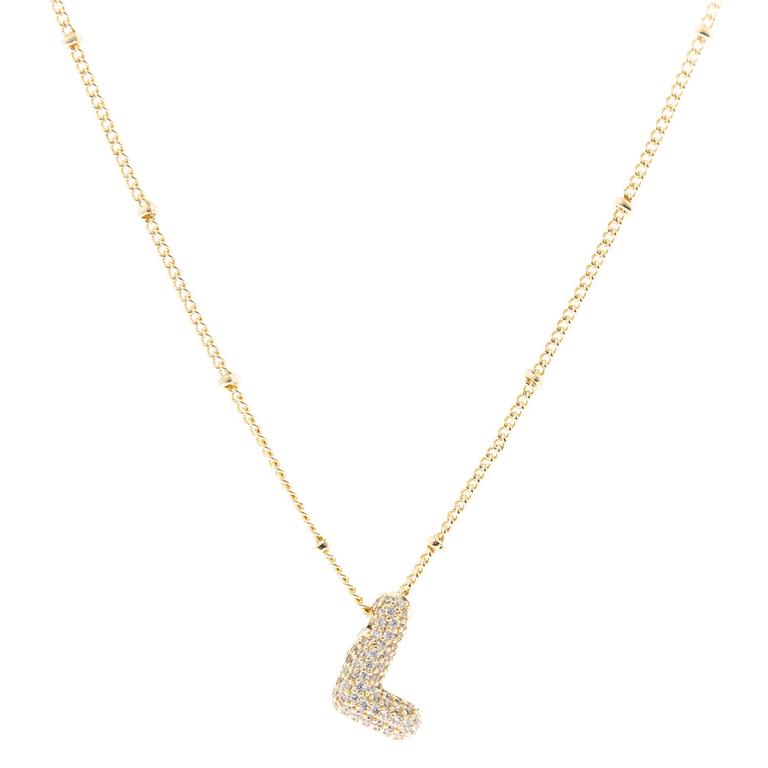 The Chloe Necklace features a delicate chain with an "L" pendant, adorned with sparkling diamonds and elegantly 18K gold plated. Available in one size.