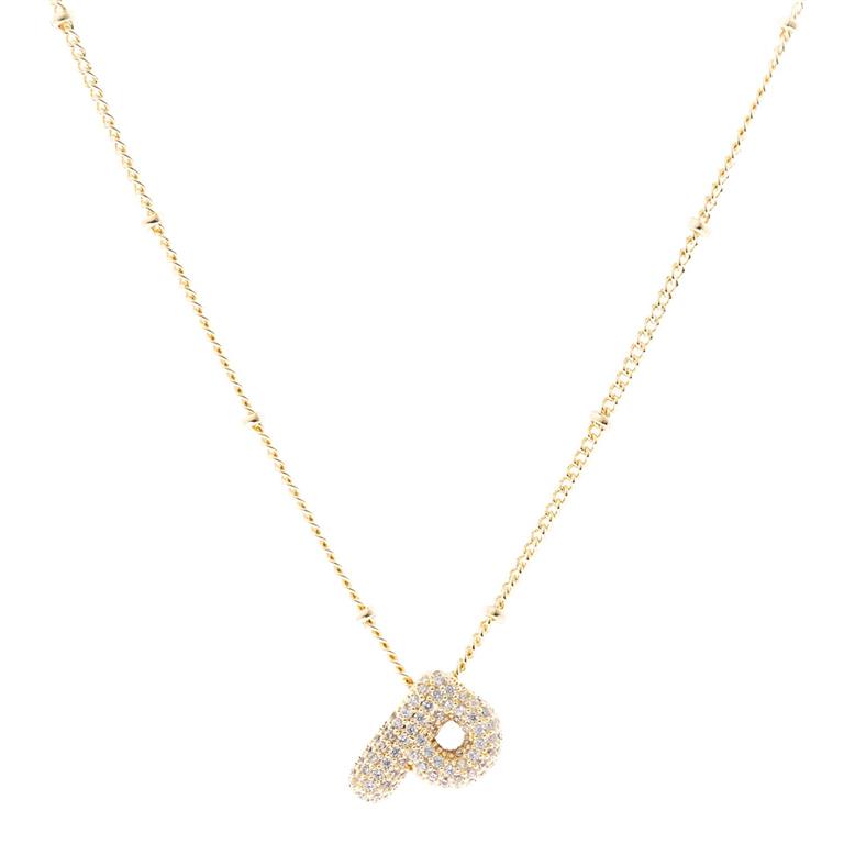 The Chloe Necklace is an 18K gold-plated initial necklace with a "P"-shaped diamond-encrusted pendant and bead-like accented chain. Available in one size.