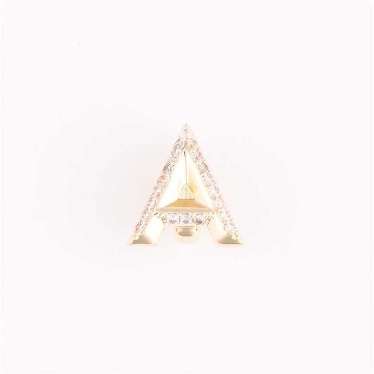 Gold "A" pendant charm with sparkling stones, available in small, medium, and large sizes for bracelet customization.