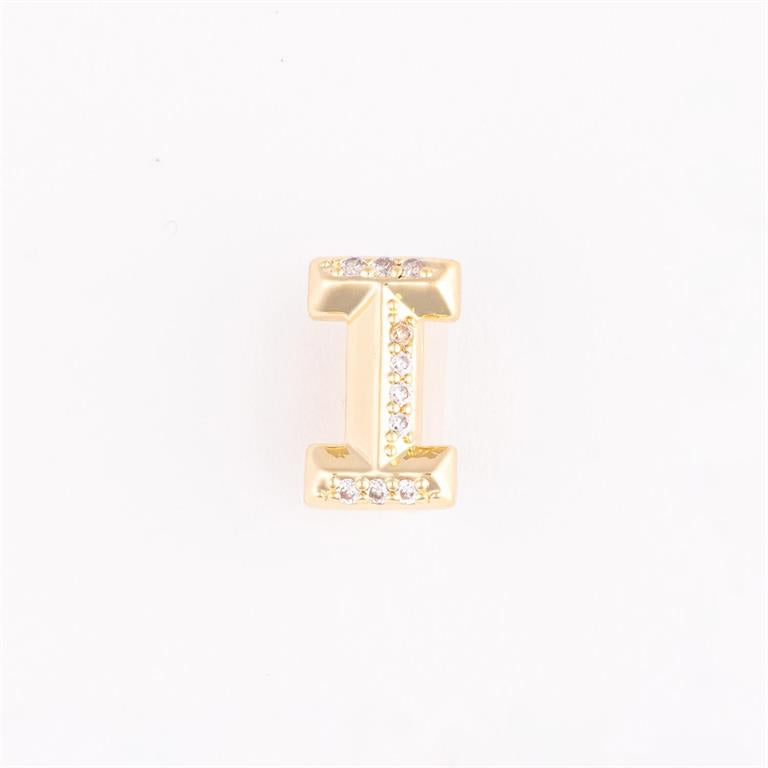 Gold letter "I" charm with clear gemstones in a vertical row. Available sizes: small, medium, large.