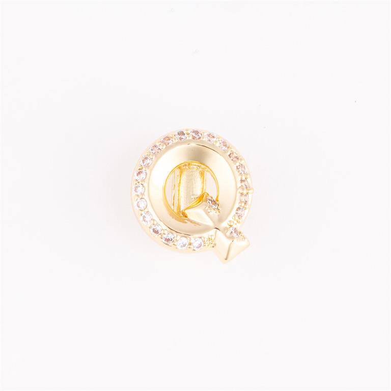 Gold circular pin with gemstone border and stylized "Q" design. Available in small, medium, and large sizes.