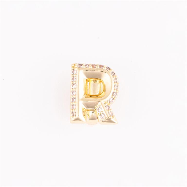 Gold letter "R" charm with clear gemstones on the edge. Available in S, M, L sizes.