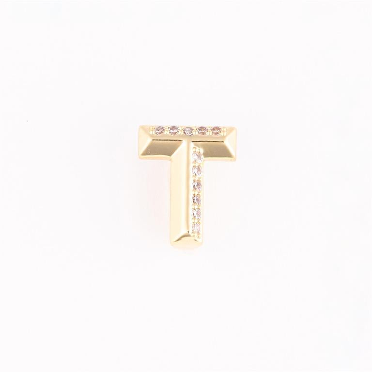 Gold letter "T" charm with clear gemstones on top and center. Available in small, medium, and large sizes.