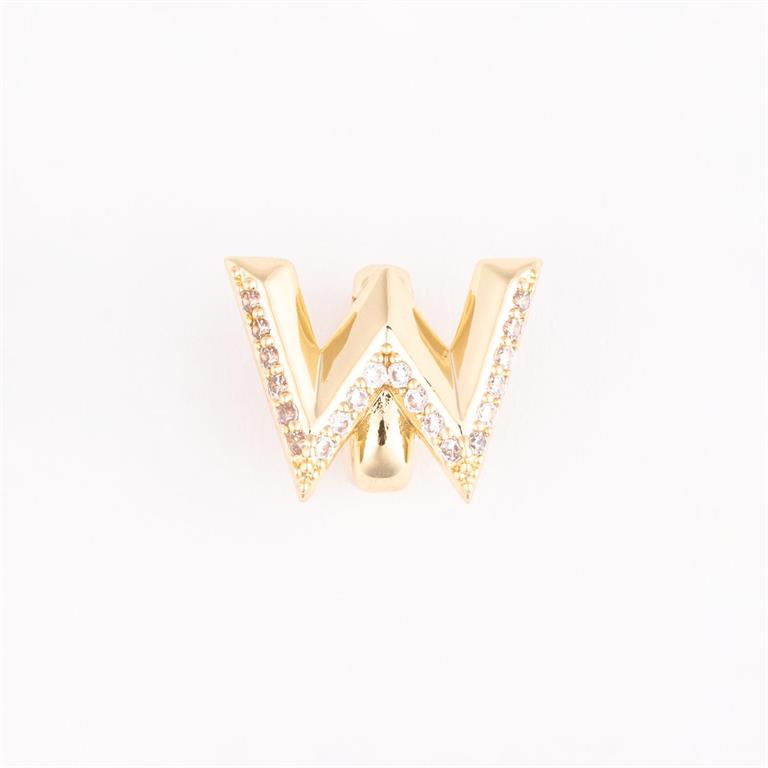Gold "W" pendant charm with small clear gemstones on edges. Available in one size.