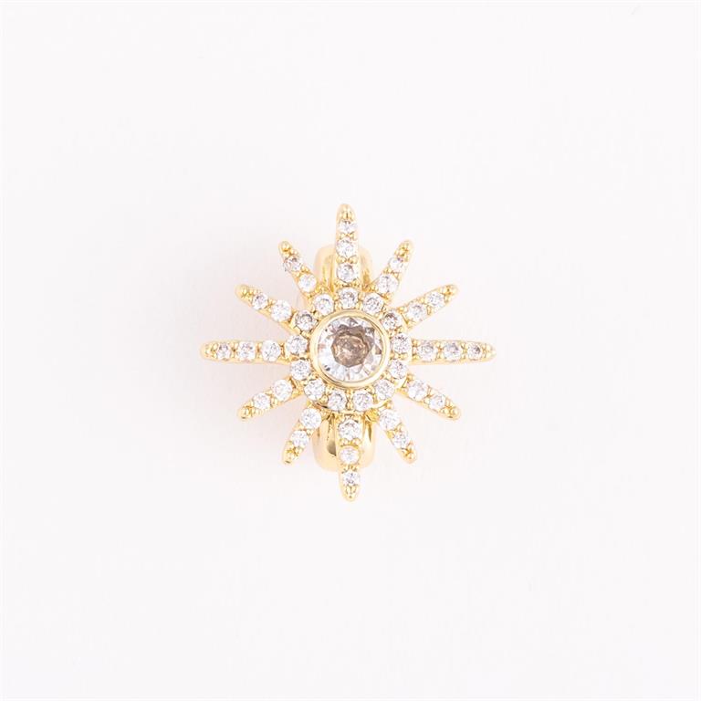 Gold starburst earring with central brown gemstone and sparkling spokes. Available in small, medium, and large sizes.