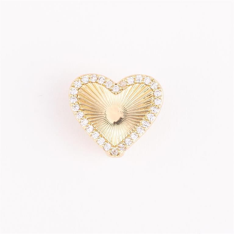 Gold heart-shaped charm bar with sunburst center, white stone border. Available in small, medium, and large sizes.