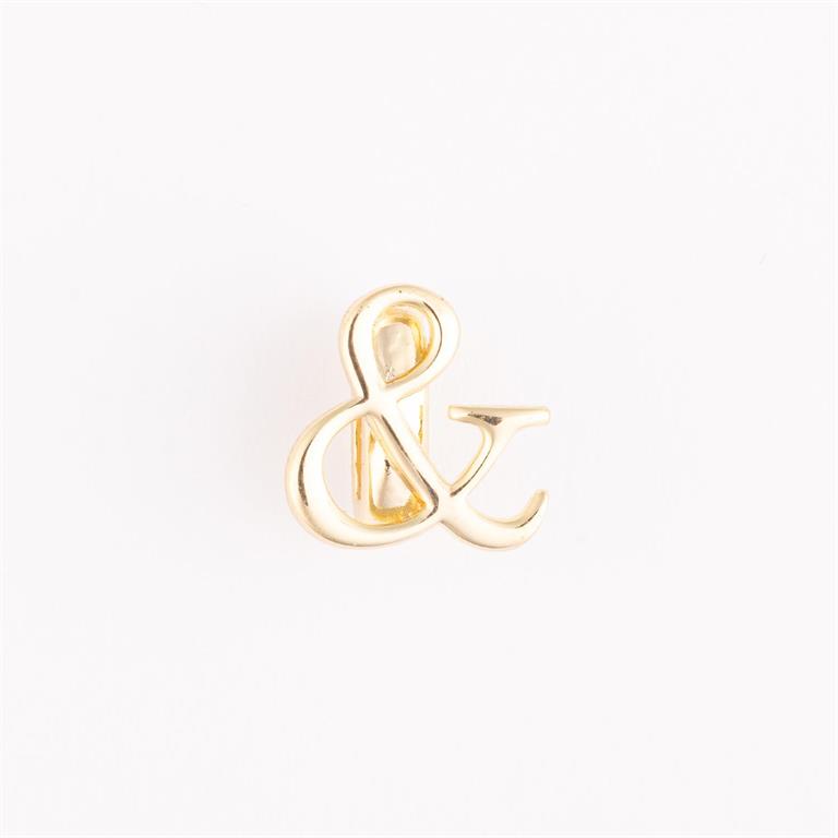 Shiny gold ampersand (&) pin. Available sizes: small, medium, large.