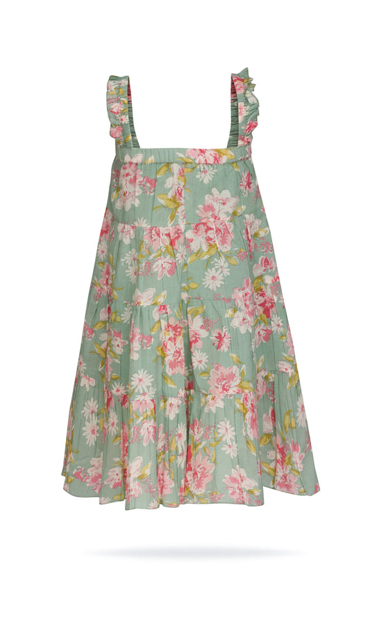 Sleeveless infant dress with ruffled shoulders, green floral print, tiered design; knee-length. Sizes: 0-3M to 24M.