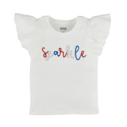 4th of July Girls' Toddler Tee - White cotton interlock T-shirt with flutter sleeves. Features "sparkle" embroidered in red, blue, and white sequins. Sizes: 2T, 3T, 4T, 5T.