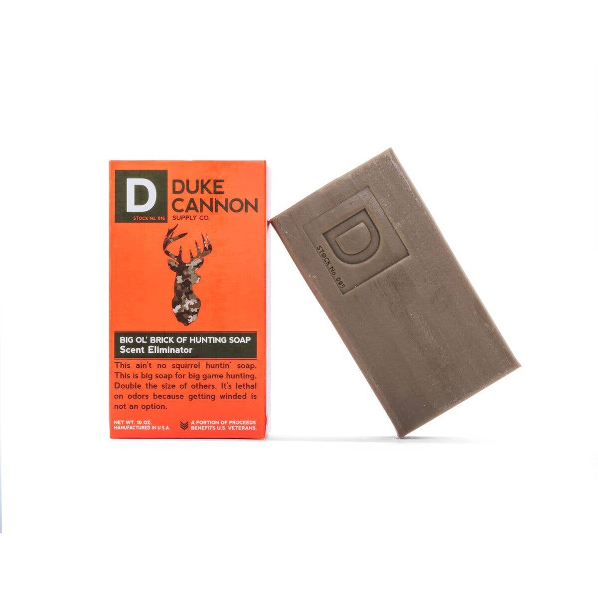 Rectangular brown Big Ol' Brick of Hunting Soap, “Scent Eliminator,” 10 oz bar, orange box with deer image.