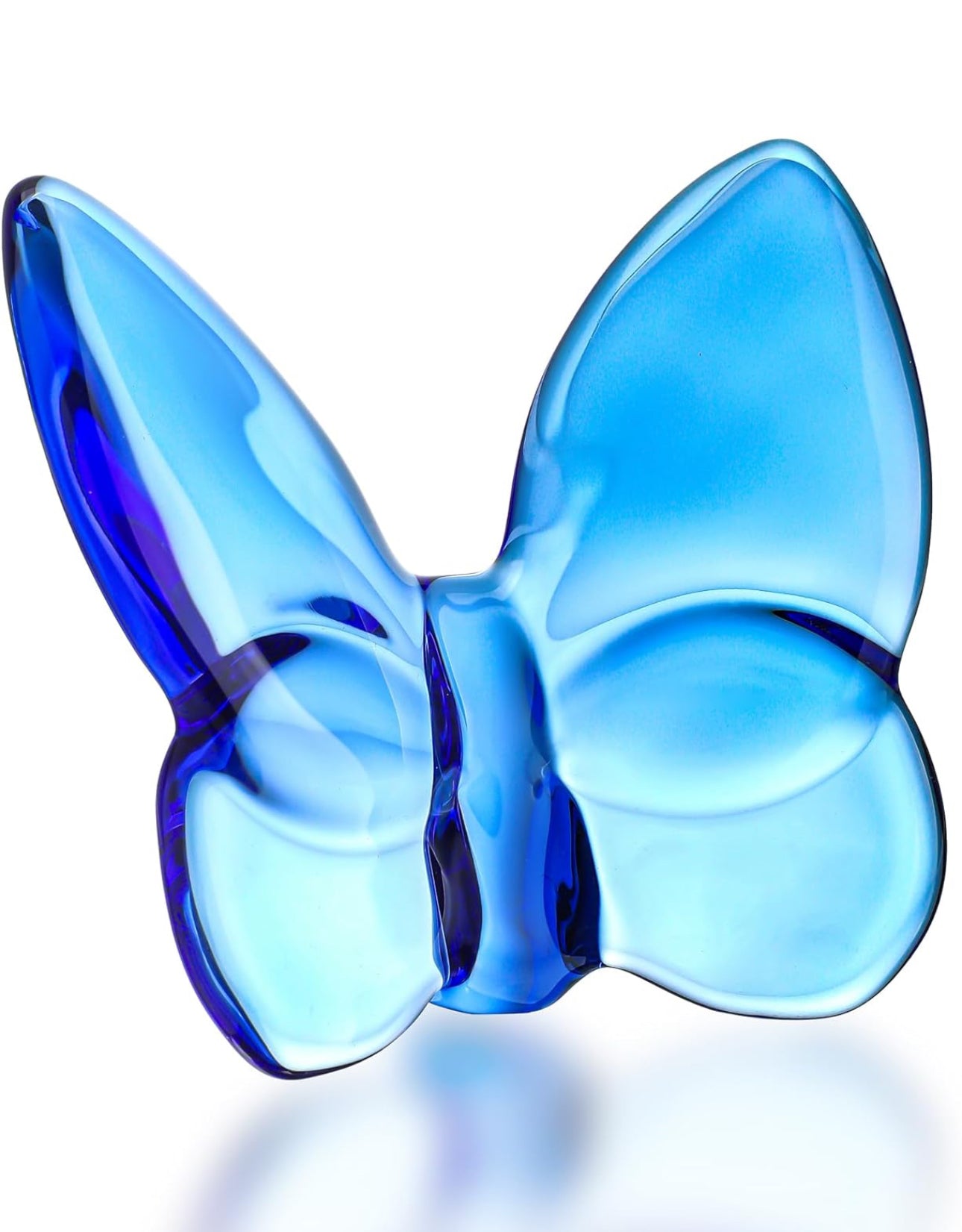 Crystal Butterfly Figurine with glossy, curved blue translucent wings. Available sizes: small, medium, large.
