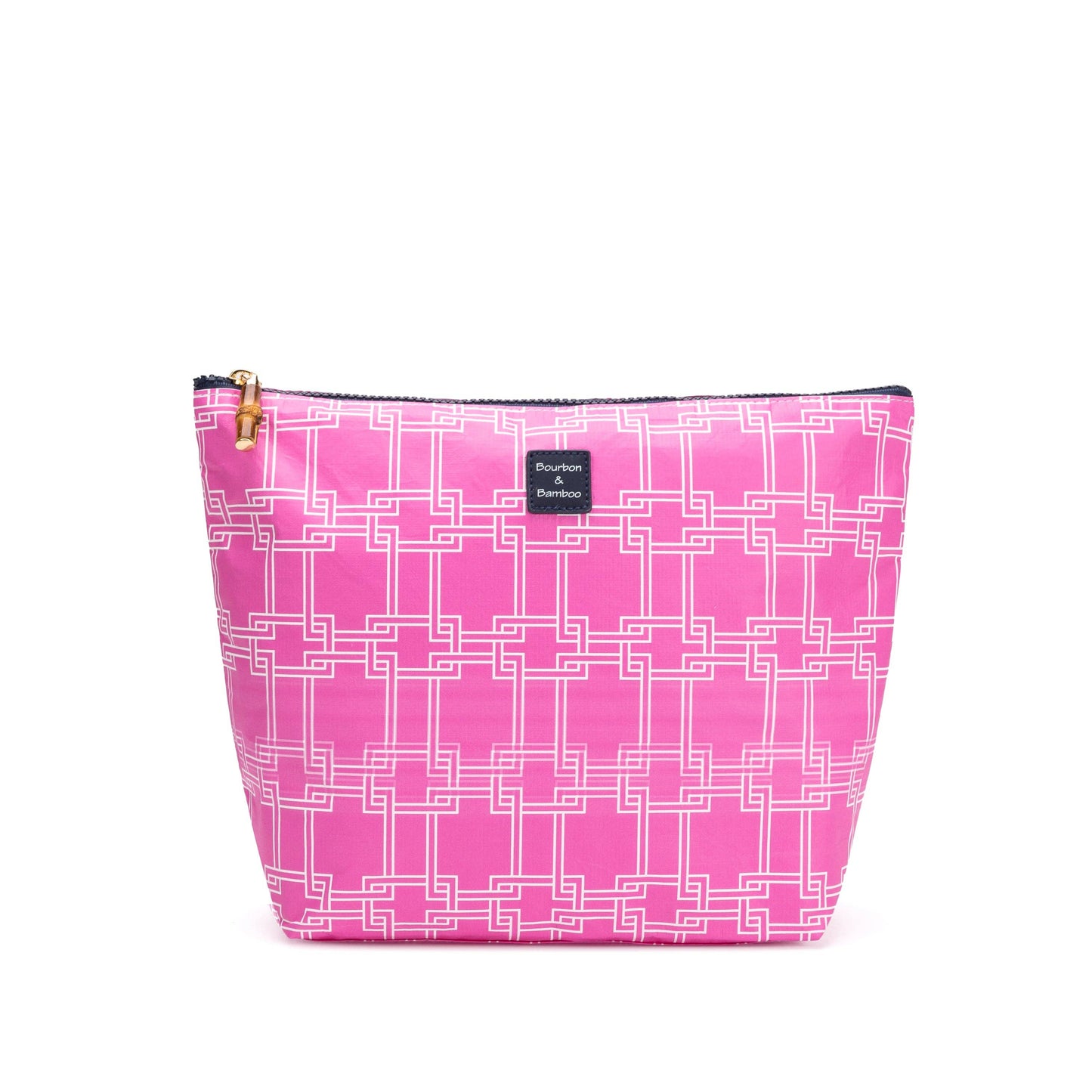 Pink zippered cosmetic bag with white geometric pattern, splash-proof material, black front label. Available in multiple sizes.