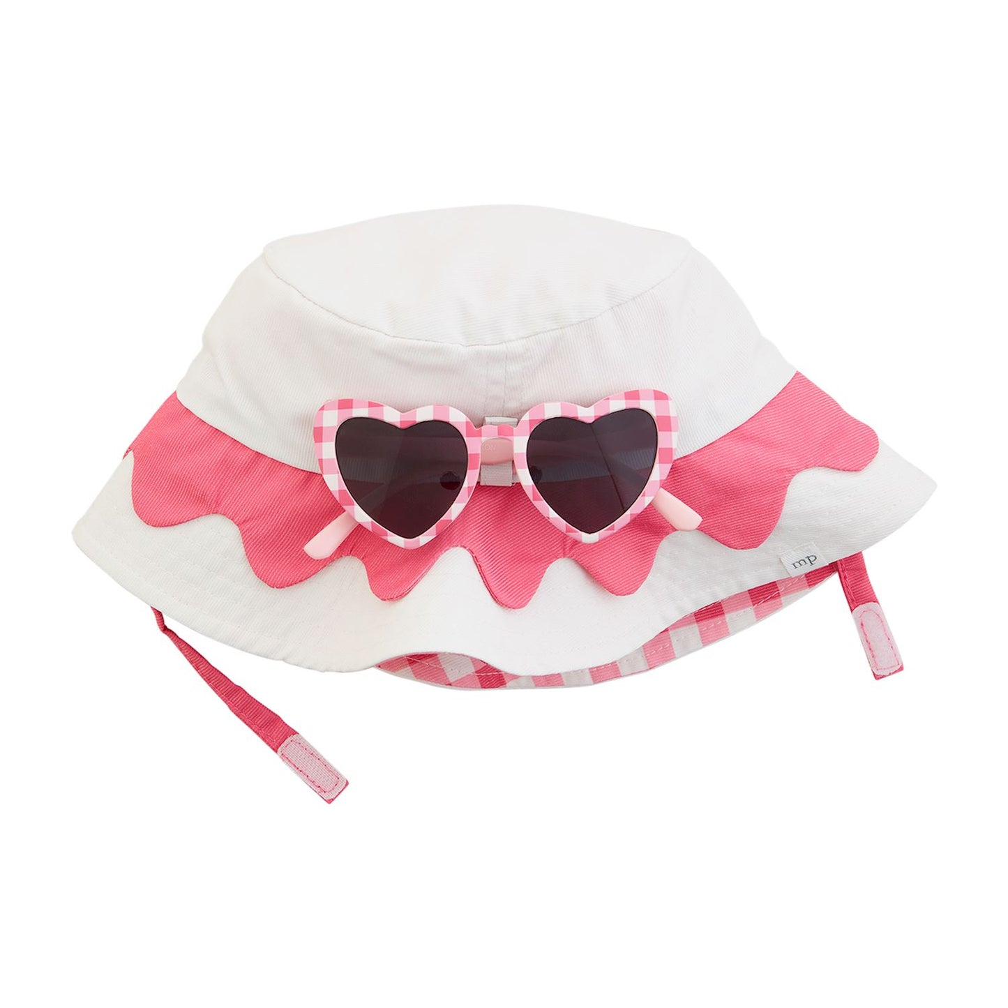 The Pink Hat & Sunglasses set features a white and pink sun hat with a scalloped design, gingham ribbon, and UPF 50+ protection. Includes heart-shaped sunglasses with pink checkered frames and UV400 black lenses. Sizes: S, M, L.