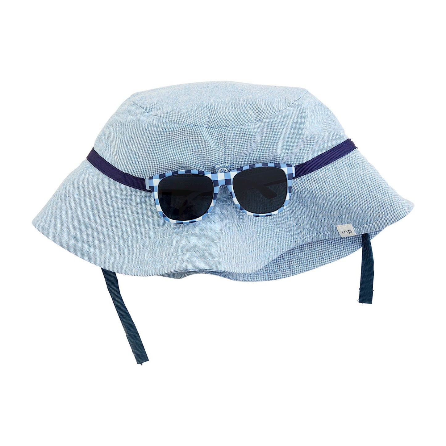Light blue bucket hat with UPF 50+ and dark blue strap; UV400 infant sunglasses in blue checkered pattern. Sizes available: Infant, Toddler.