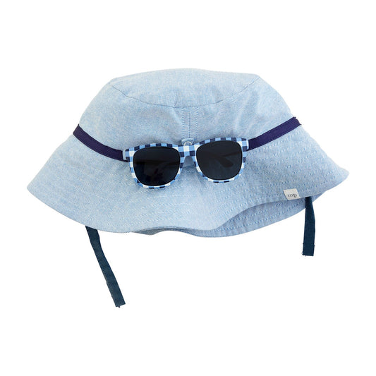 Light blue bucket hat with UPF 50+ and dark blue strap; UV400 infant sunglasses in blue checkered pattern. Sizes available: Infant, Toddler.