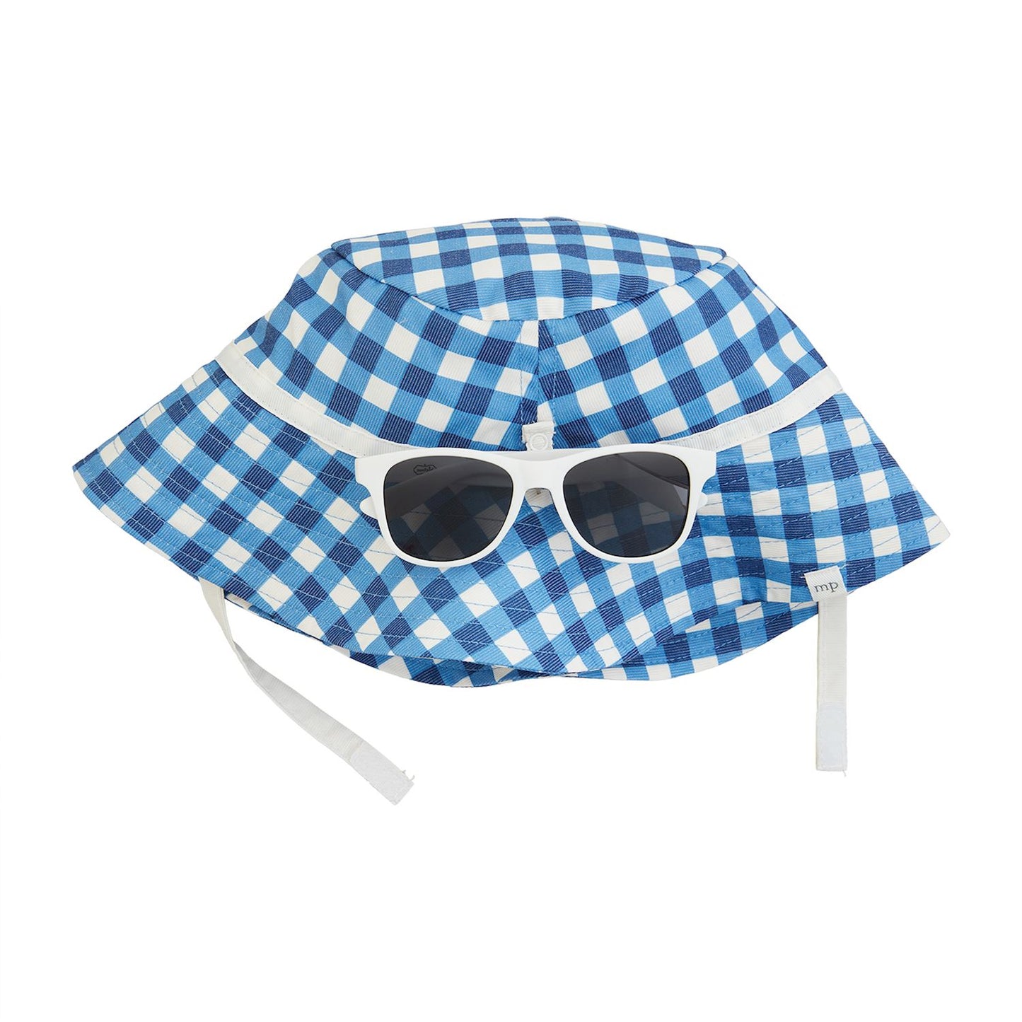 Blue Hat & Sunglasses" set includes a blue and white checkered UPF 50+ sun hat with chin straps and UV400 infant sunglasses. Sizes: 0-6 months, 6-12 months, 12-24 months.