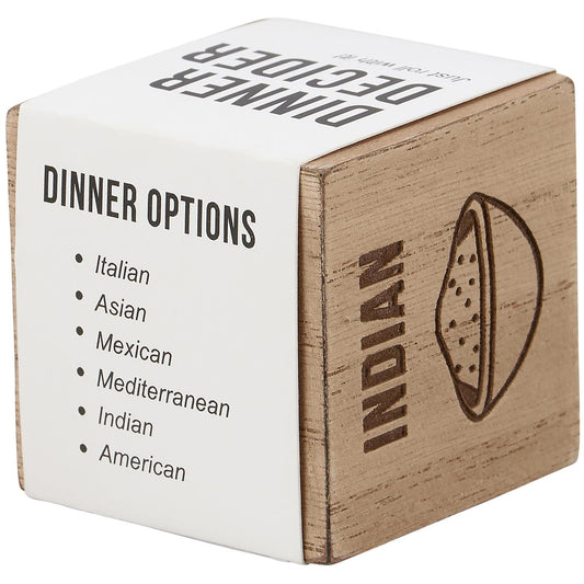 Wooden Dinner Decision Dice from the Foodie Collection; offers Italian, Asian, Mexican, Mediterranean, Indian, and American cuisines. Available in one size.
