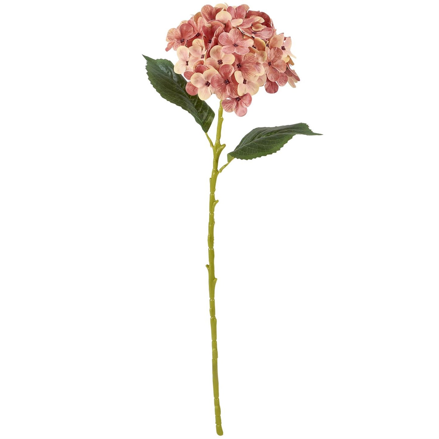 The Pink Hydrangea Floral Pick features light red petals and lush green leaves. Available size: standard pick length.
