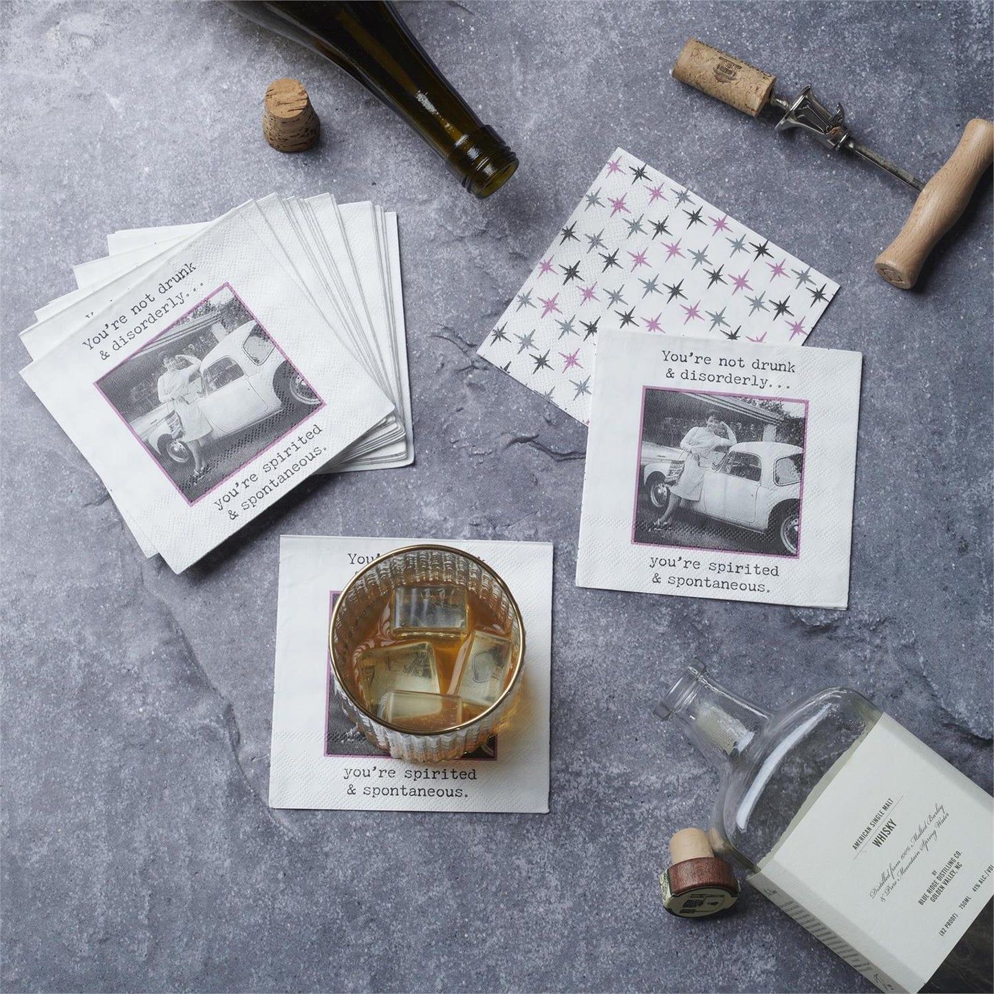 Beverage napkins with vintage photo and “You’re not drunk & disorderly. You’re spirited & spontaneous.” Sizes available.