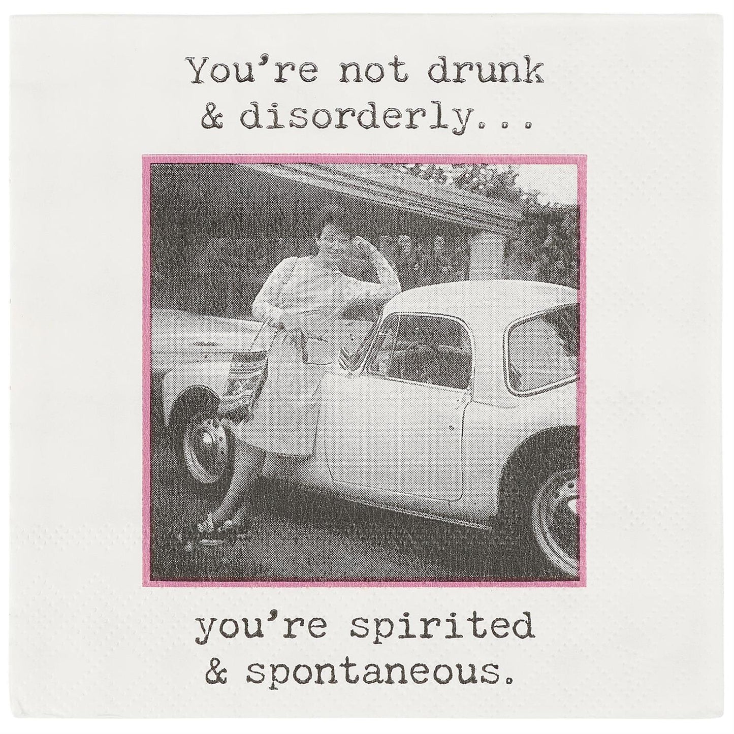 Beverage Napkins - Spirited And Spontaneous with retro caption. Available in 5"x5" size. Fun bar or cocktail napkin.