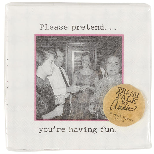 Vintage-style beverage napkins with a retro black-and-white photo and humorous message. Pack of 20 disposable 5x5 inch napkins.