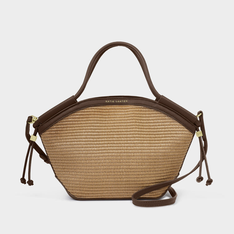 FLORENCE MINI TOTE BAG | Natural Raffia / Bitter Chocolate | 7 7/8" x 12 3/4" x 3 1/8"