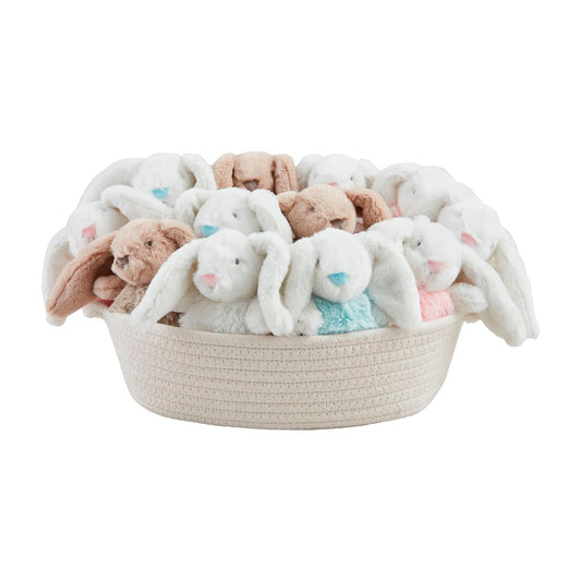 Bunny Pom Pom Rattles in white, light brown, and pale pink with floppy ears. Available in small and medium sizes.