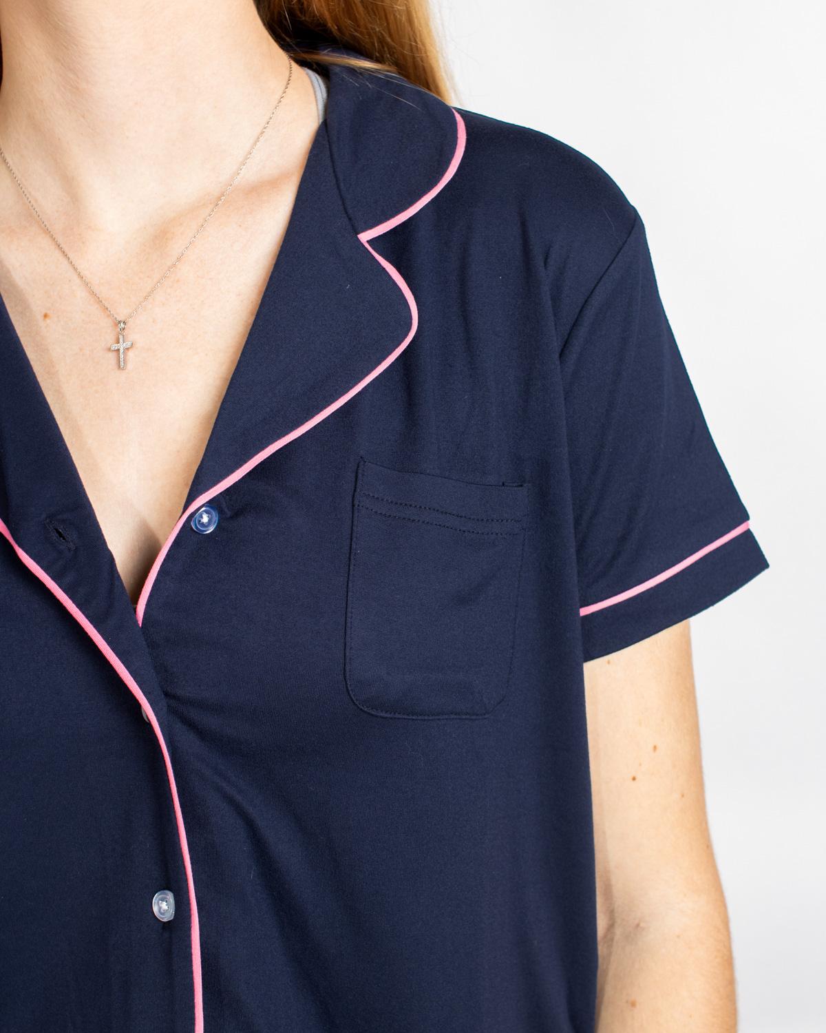Elizabeth Short Sleeve Button Up Sleep Shirt in navy blue with pink piping and chest pocket; relaxed fit. Sizes XS–XL.