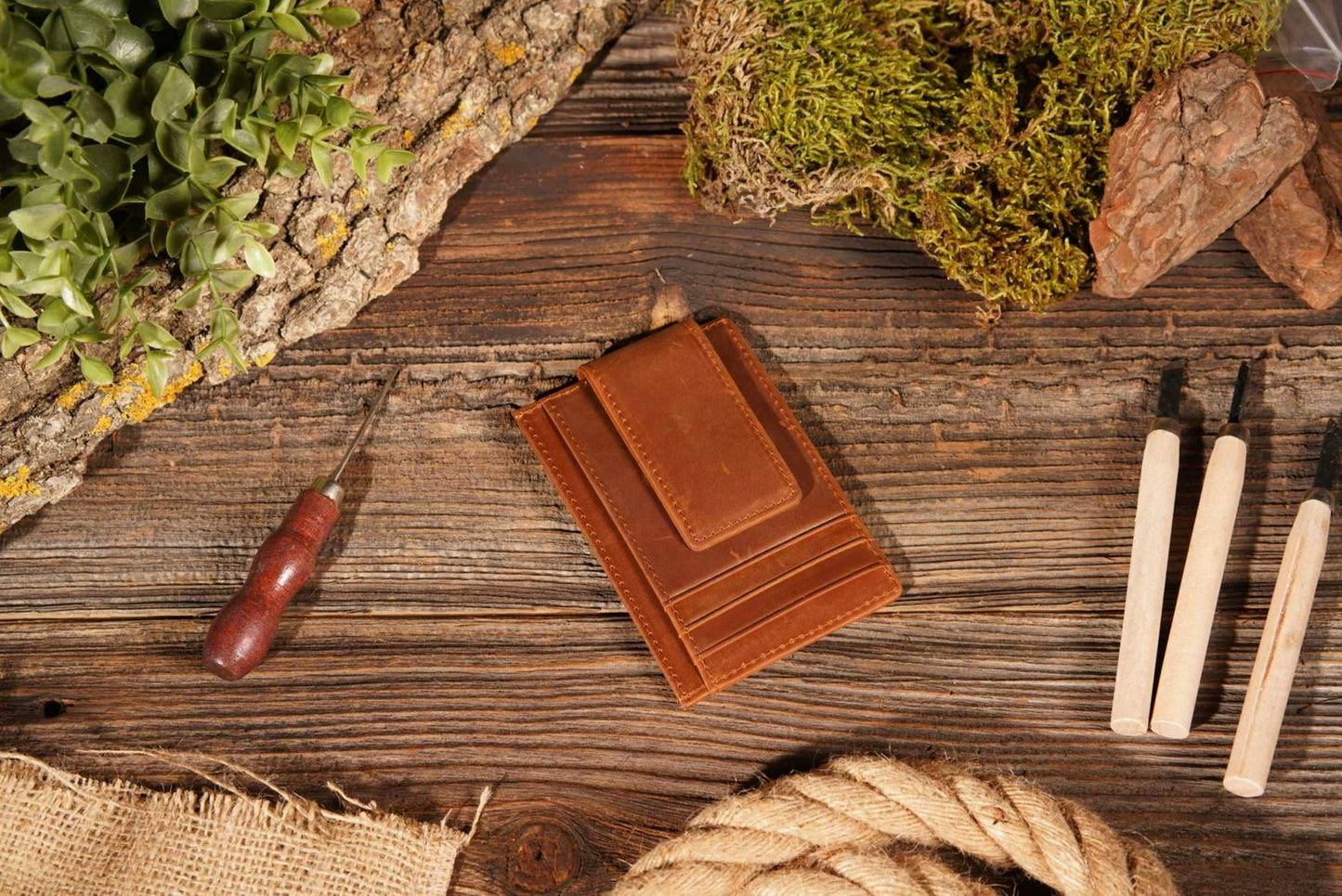 Personalized Leather Wallet with Magnet Clip: Dark Brown