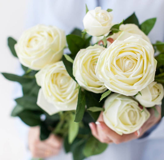 28.75" ivory Real Touch Cabbage Rose with large bloom, long stem, and lush green leaves. Other sizes available.