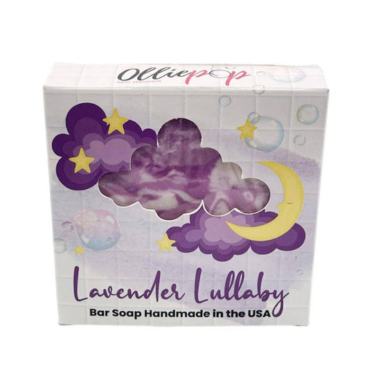 Handmade Lavender Lullaby Bar Soap box, purple cloud, stars, crescent moon. Text: "Made in the USA." Sizes not specified.