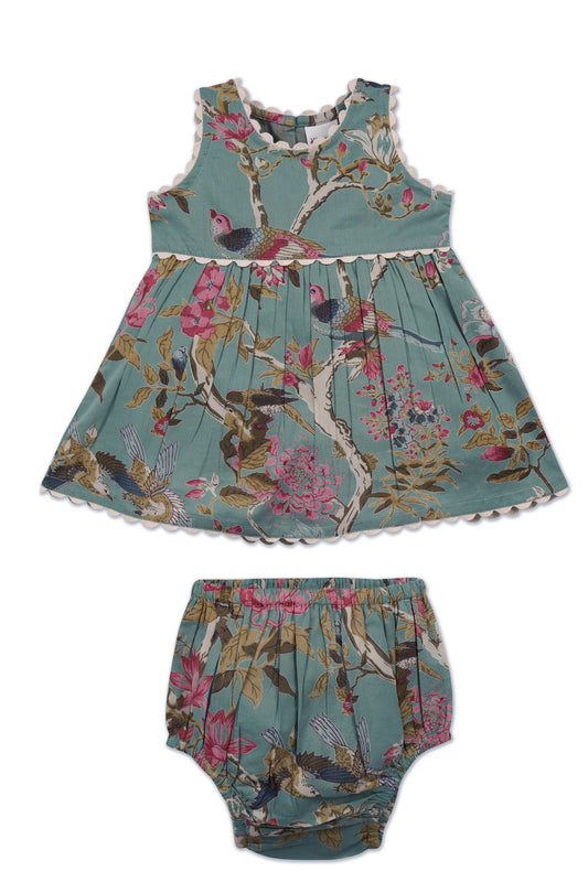 Infant sleeveless dress with scalloped hem, teal base, pink/brown/green blooms and birds. Sizes: 0-3M, 3-6M, 6-12M.