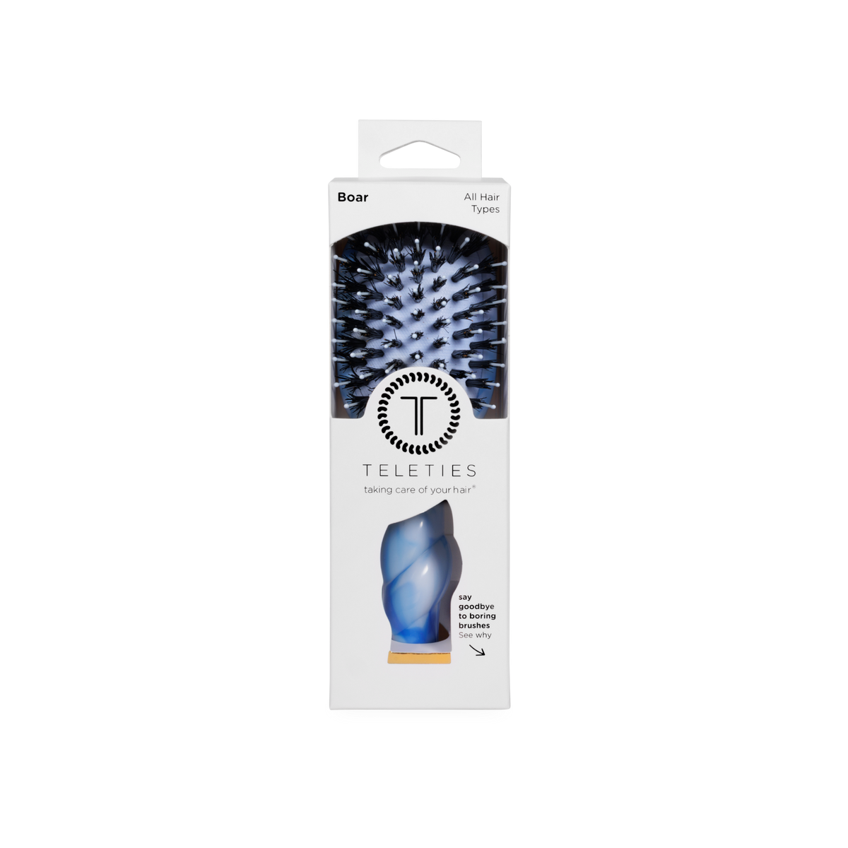 Mini Boar Brush by TELETIES in a white rectangular box with a transparent window showing blue and black bristles; available in mini size for all hair types.