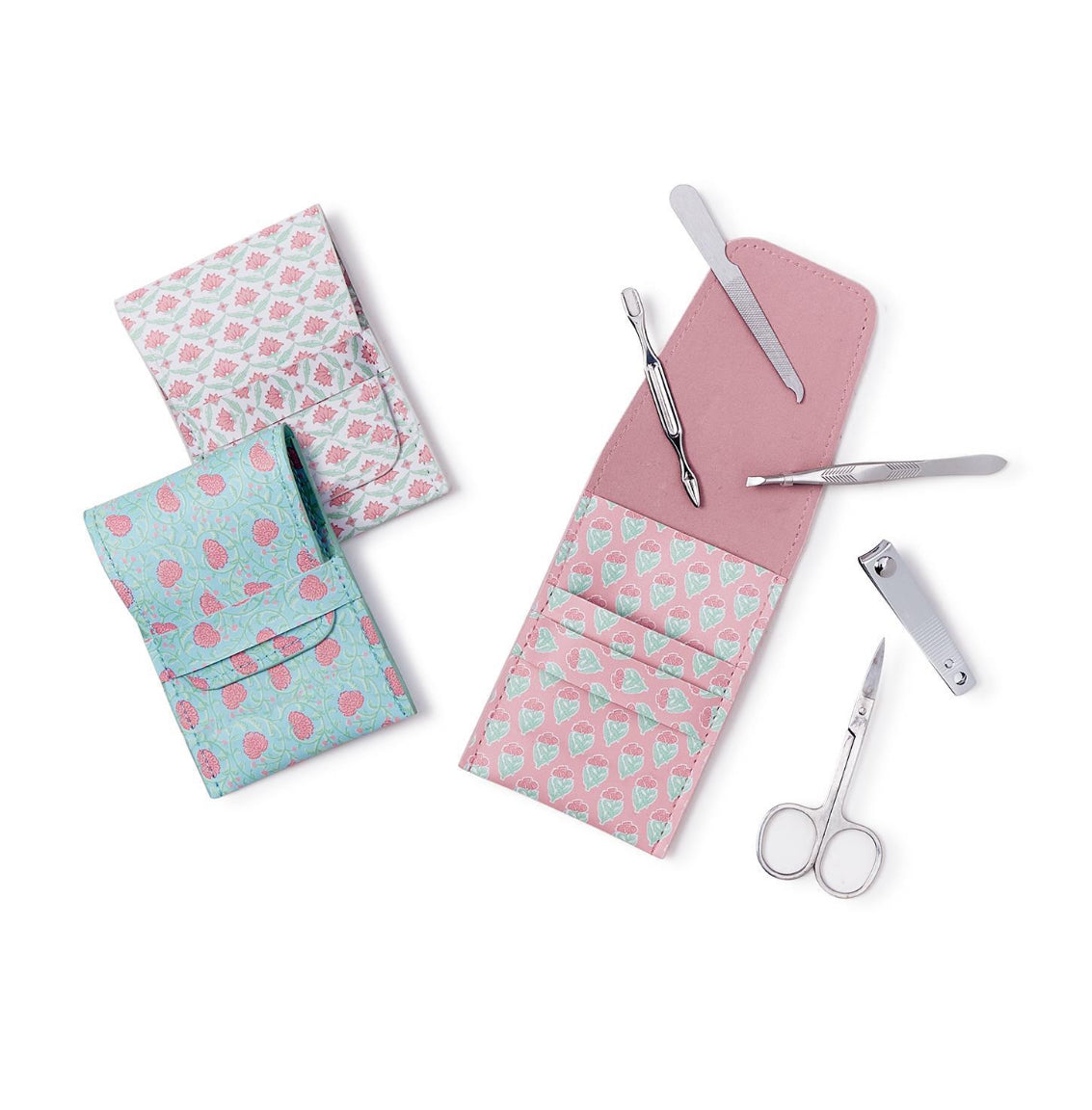 Floral Block Print 5 Piece Manicure Kit with nail clippers, scissors, tweezers, cuticle pushers. Sizes available: standard.