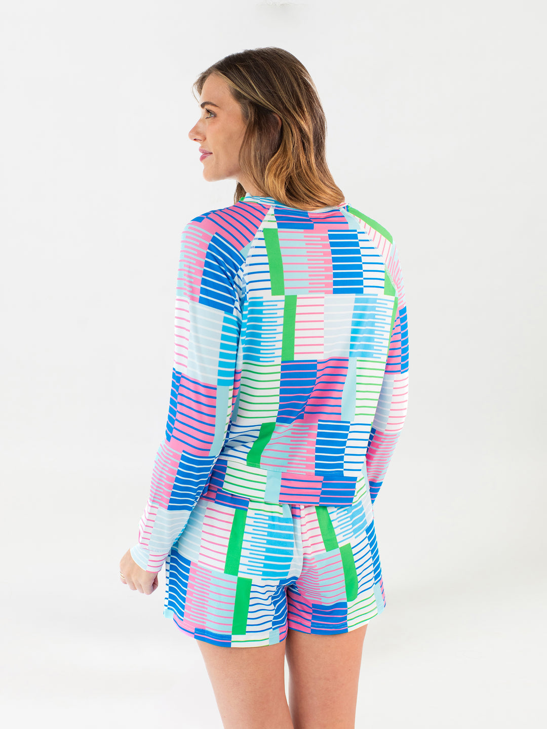 Annie Shorts Set: relaxed-fit long-sleeve top and shorts in ButterSoft fabric, geometric print. Sizes XS–XL.