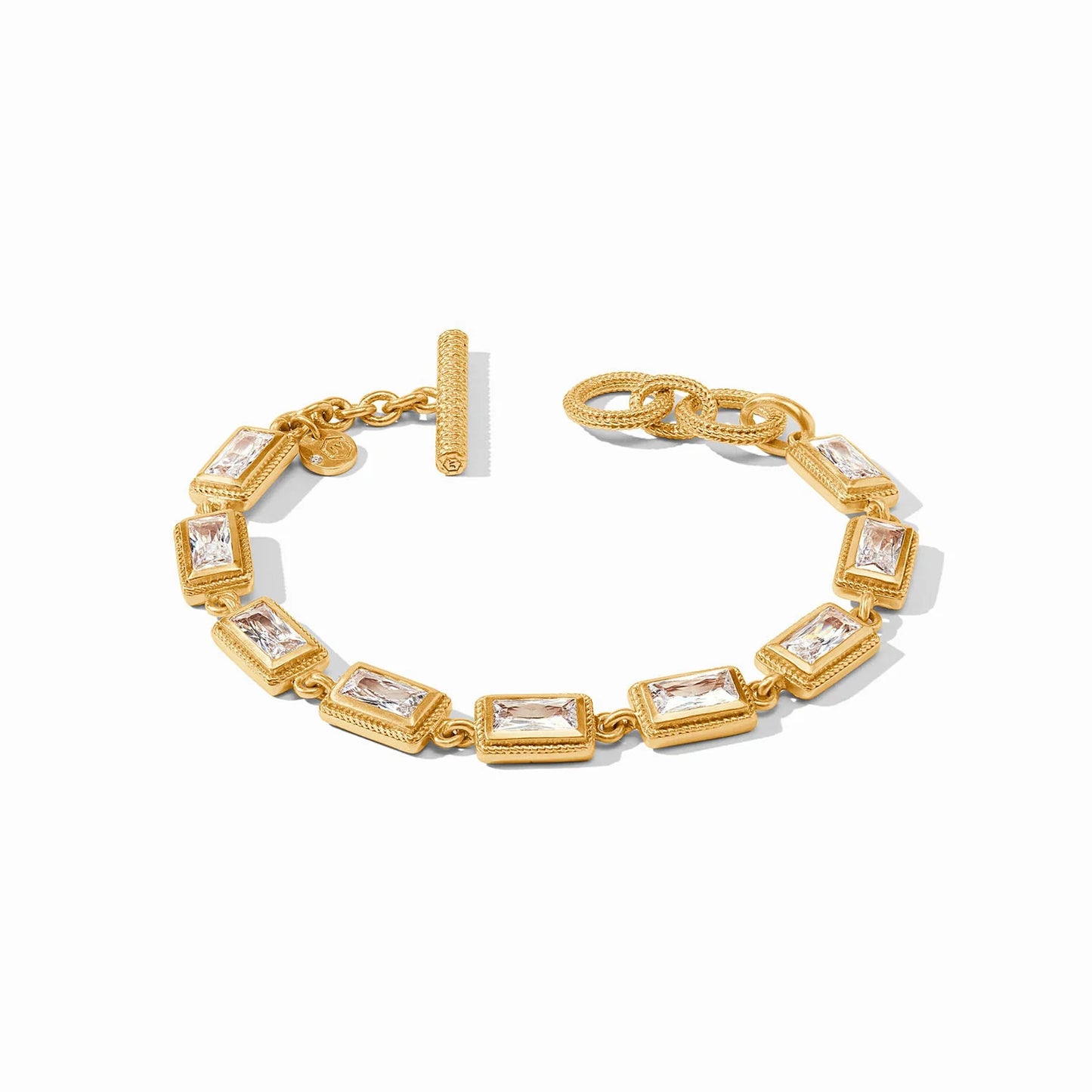Rectangular baguette-cut gemstones in gold-plated frames, linked with a toggle clasp. Available in 6", 7", and 8" lengths.