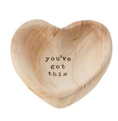 Heart-shaped wooden bowl with "you've got this" in lowercase at center. Available sizes: small, medium, large.