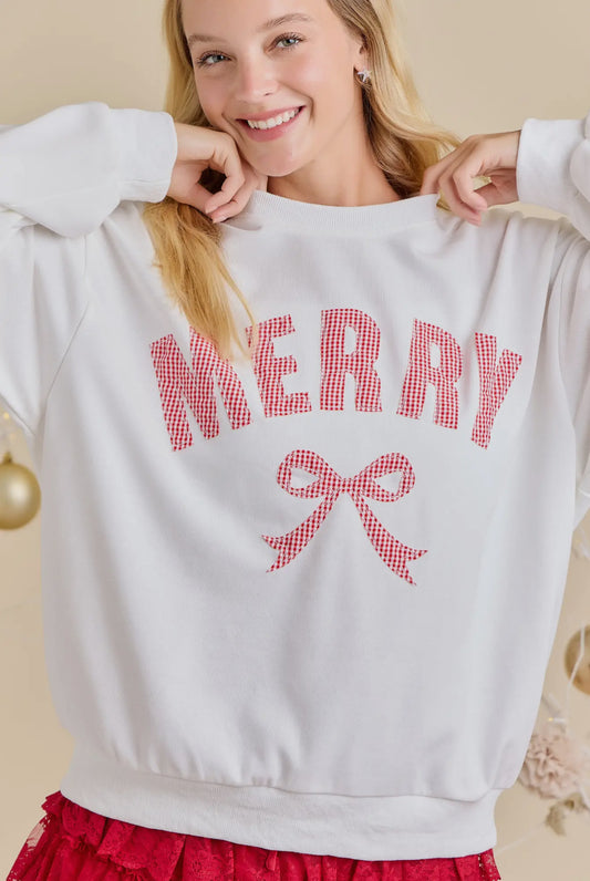 Merry Patchwork Sweatshirt with Ribbon Bow Detail
