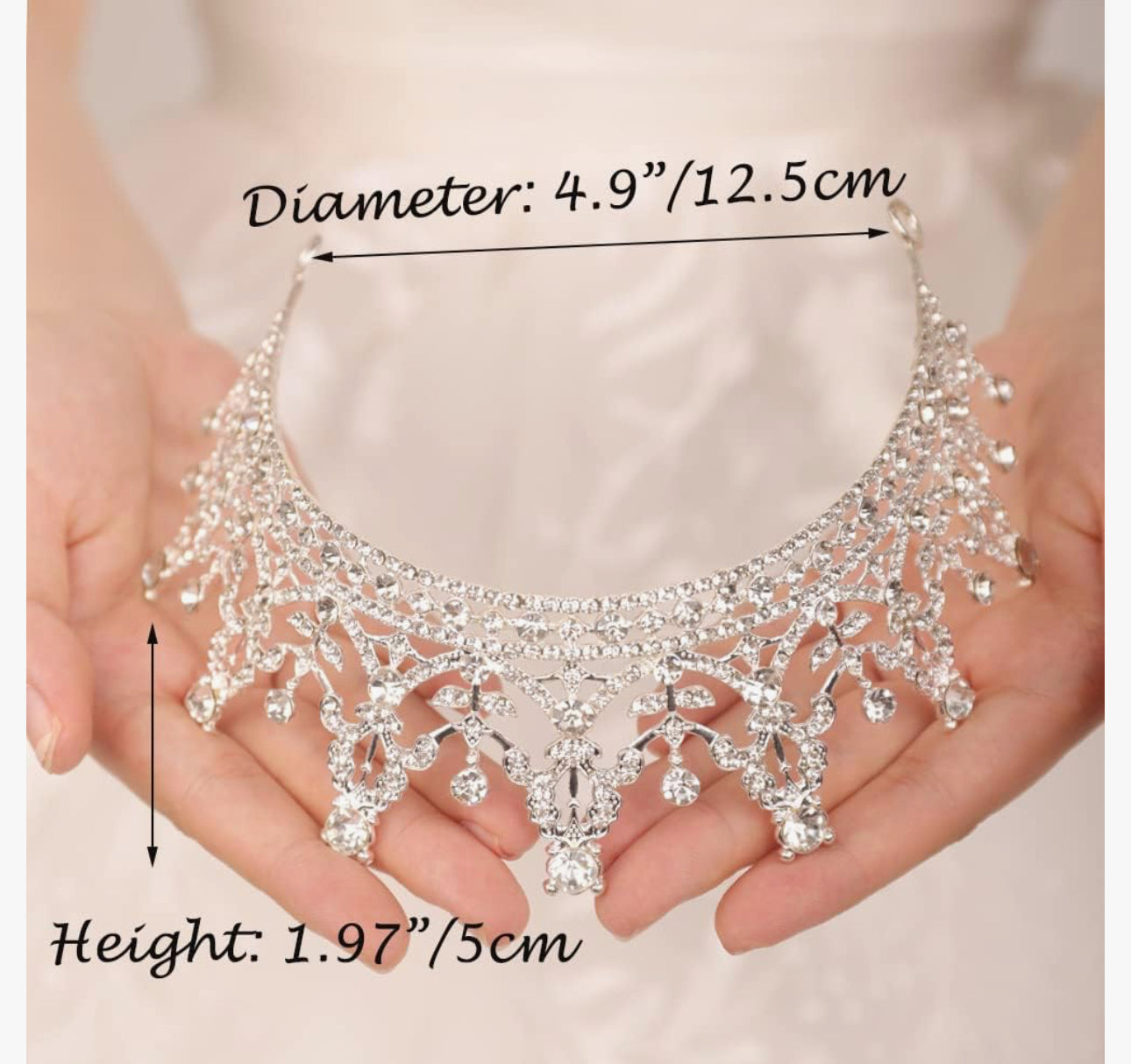 Bridal Rhinestone Crown, 4.9 in (12.5 cm) diameter, 1.97 in (5 cm) height—ideal bridal hair accessory, available in one size.