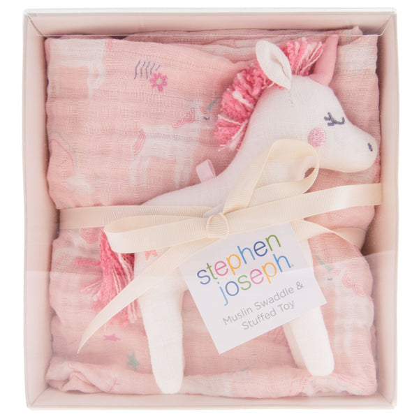 Pink muslin blanket, sizes S/M/L, paired with white unicorn plush toy with pink mane, boxed with cream ribbon.