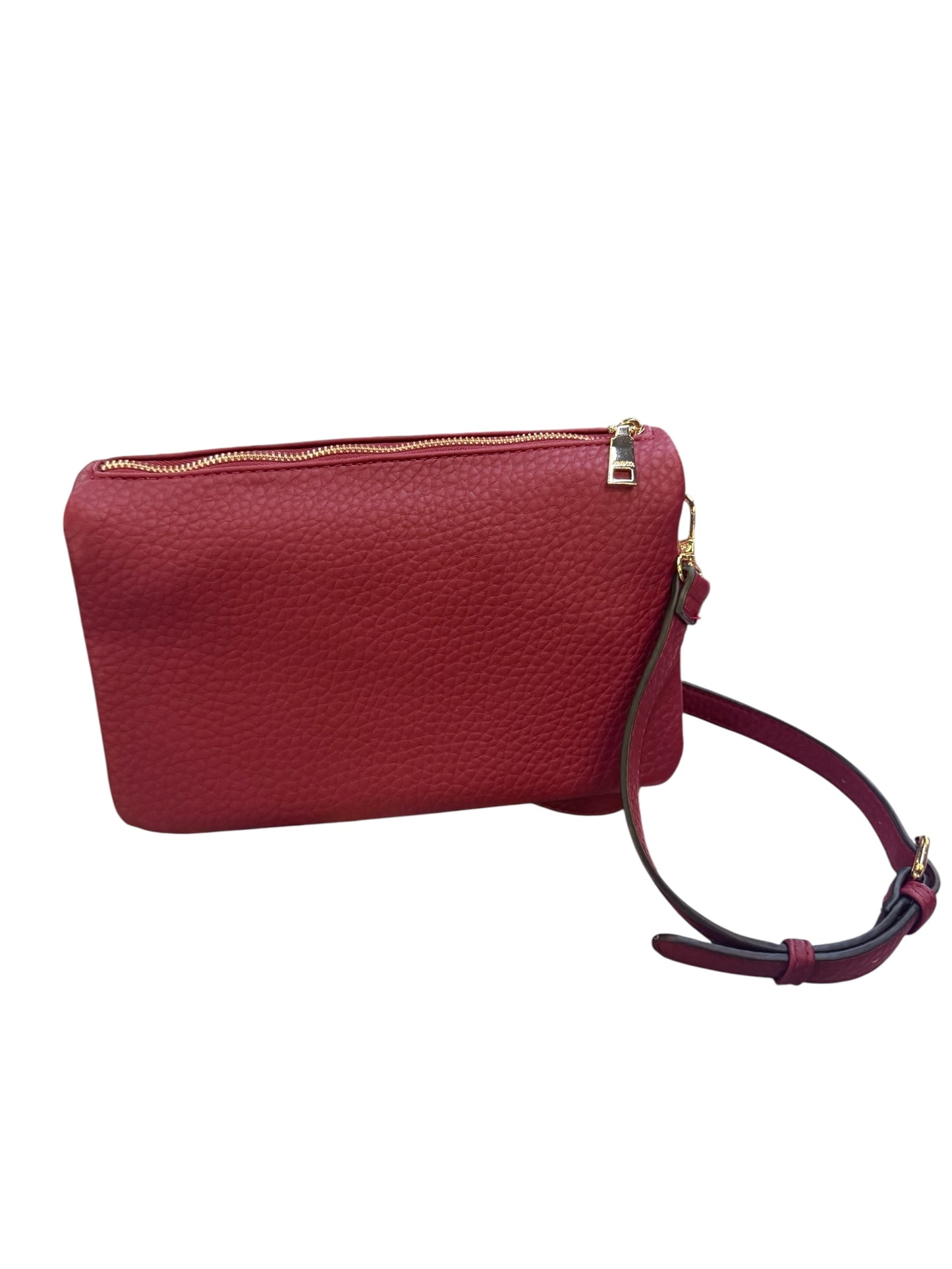 Phiona Studded Flapover Crossbody in textured red leather with gold zipper, adjustable strap, available in small and medium sizes.