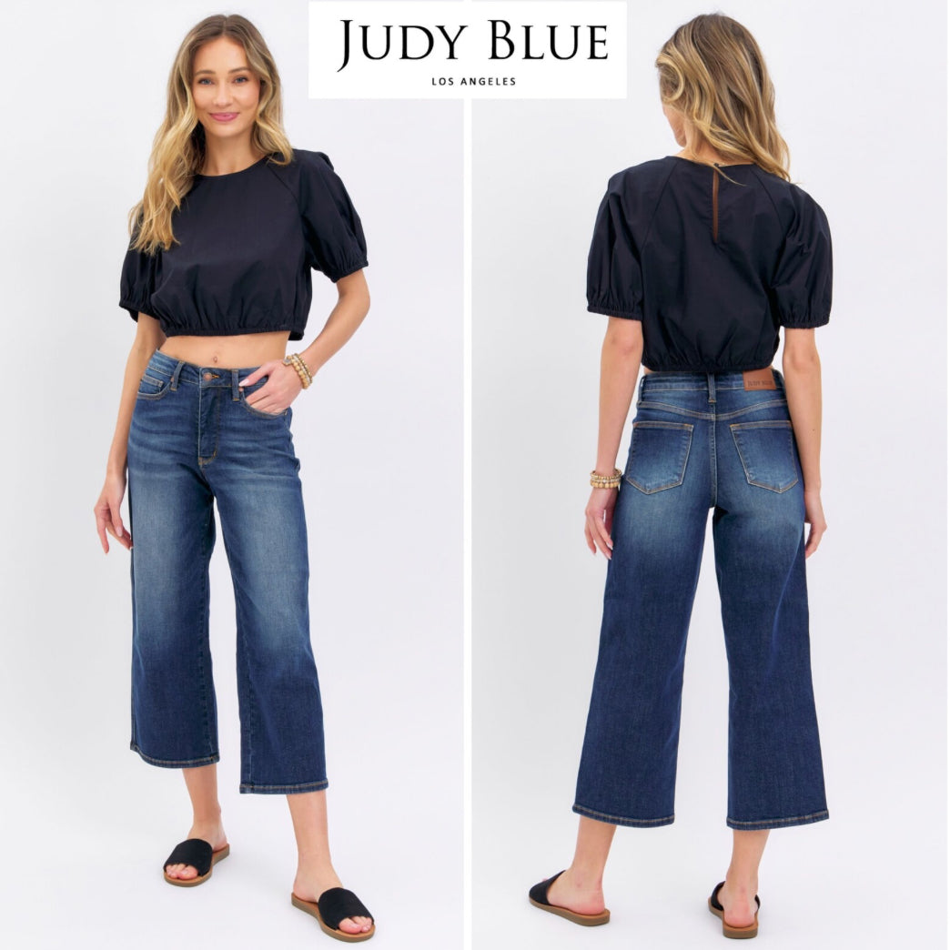 MR Tummy Control Crop Wide jeans, high-waisted, wide leg, shown front and back. Available sizes: 0–24W.