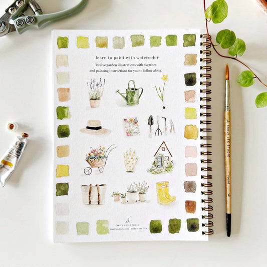The Garden Watercolor Workbook, spiral-bound with garden art, instructions, and color swatches on cover. Available in multiple sizes.