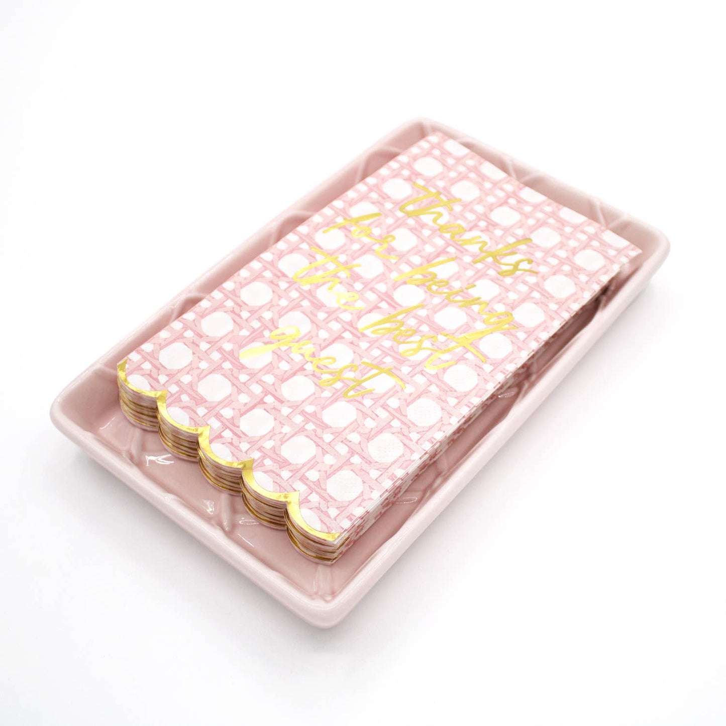Pink textured towel tray with pink, gold-edged guest napkins, “Thanks for being the best guest” text. Size: 9"x5".