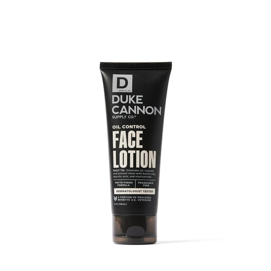 Oil Control Face Lotion, black tube. Oil control, hydration, matte finish. Available in 50ml and 100ml sizes.