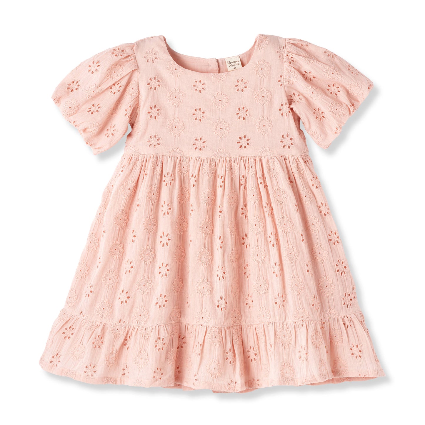 Light pink cotton dress for girls 0-6, with puff sleeves, knee-length, eyelet embroidery, ruffled hem, gathered waist.
